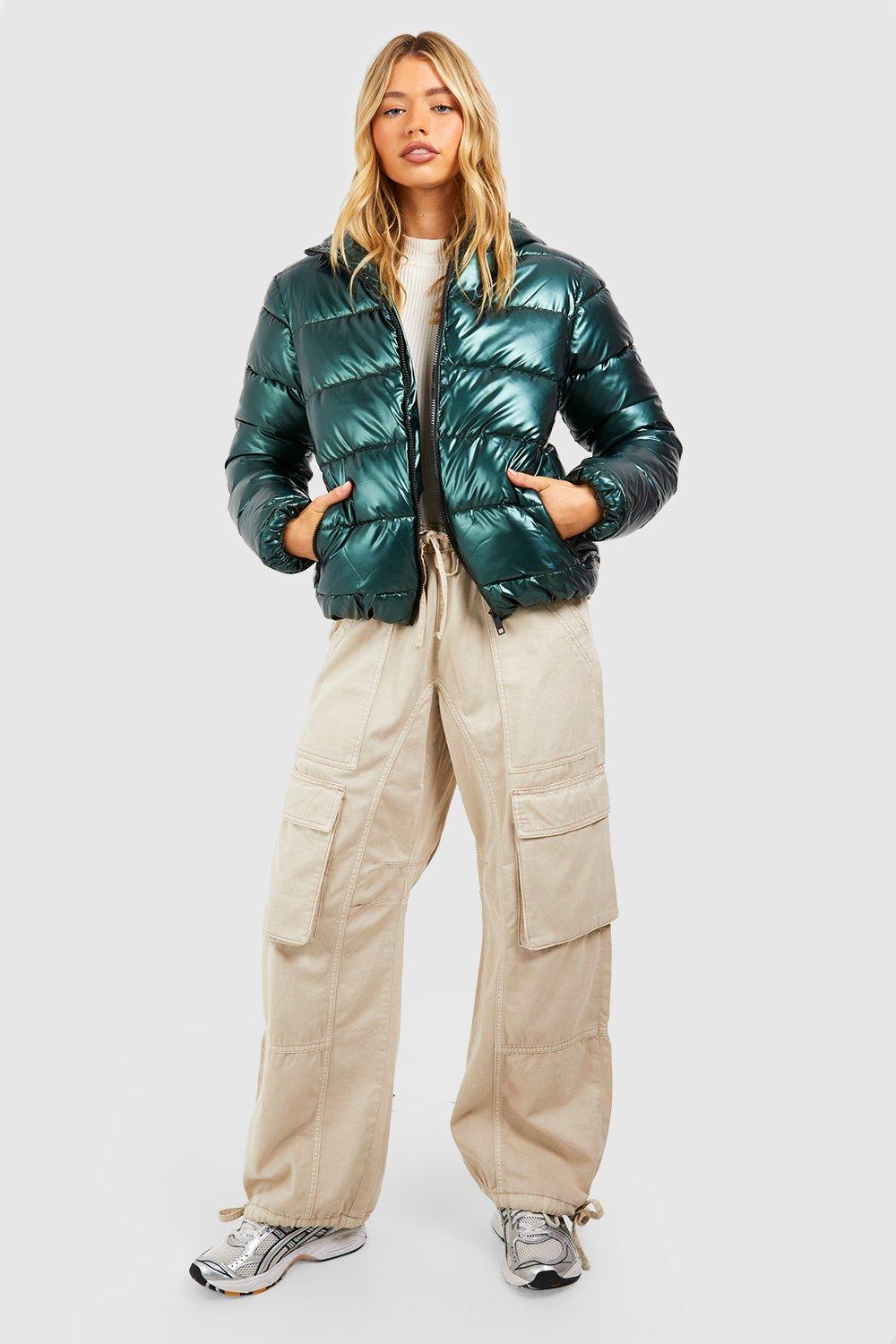 Metallic crop puffer clearance jacket